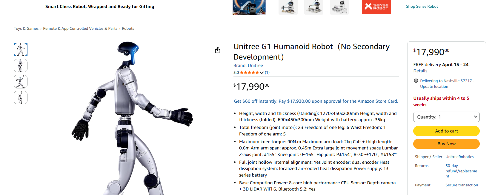 capture écran amazon robot unitre à 17990 dollars